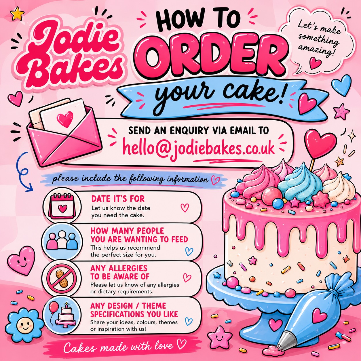 We love getting a ‘can you make me a cake’ email, and yes, we can! 🫶🏻 if you can send us some more information in your email it really helps us to quote properly 😘 

There’s never too much information! 💕🎂🧁

Main-character bakes only ✨
Handcrafted to stand out

🌐 jodiebakes.co.uk
💌 hello@jodiebakes.co.uk