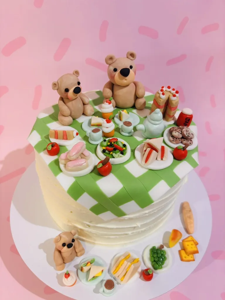 Teddy bears' picnic cake with green gingham, sugar teddy bears and miniature sandwiches and cakes, by Jodie Bakes, Leeds